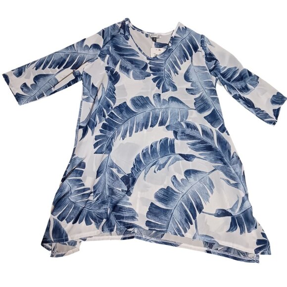 NEW J Valdi Leaf Print Sharkbite Hem Swimsuit Cover Up Tunic in White/Navy, S‎ - Picture 3 of 8